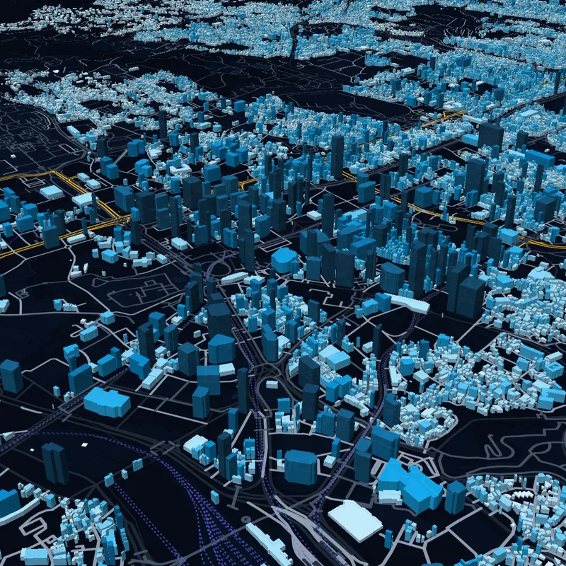 Three-dimensional building massing rendered across the study area on a dark citywide basemap